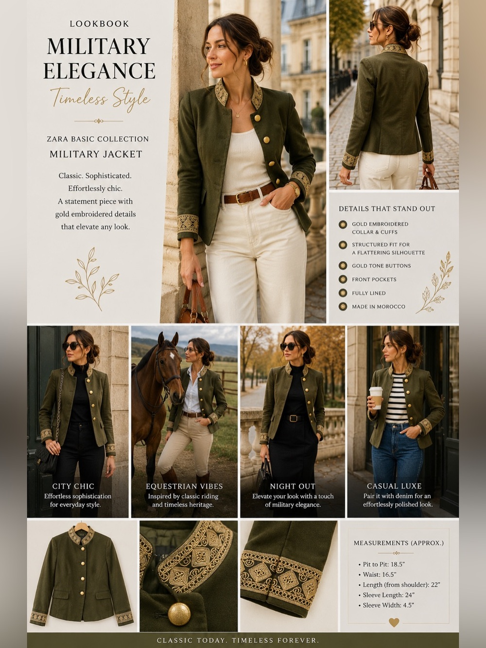💚 Zara Military Jacket Olive Green Gold Embroidery Size M